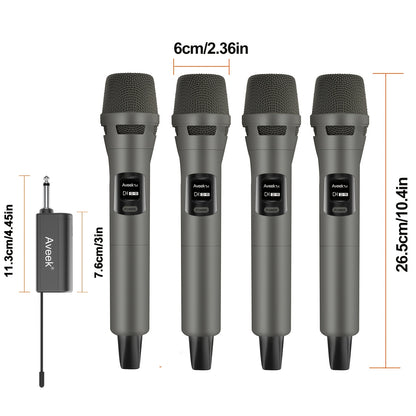 Aveek Wireless Microphone, Dynamic Wireless Microphones with One-To-One Chip Connection And Rechargeable Receiver, 24H Duration, 200FT Range Receiving, Plug And Play, Karaoke Microphone for Singing Video Recording. (4 Packs)