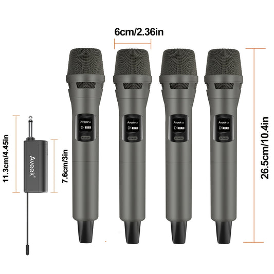 Aveek Wireless Microphone, Dynamic Wireless Microphones with One-To-One Chip Connection And Rechargeable Receiver, 24H Duration, 200FT Range Receiving, Plug And Play, Karaoke Microphone for Singing Video Recording. (4 Packs)