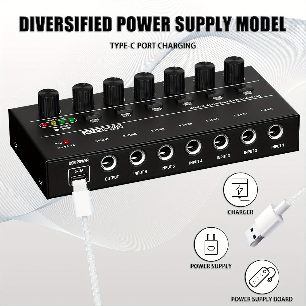 Compact 4/6/8-Channel Stereo Audio Mixer with USB-C Power and Level Controls