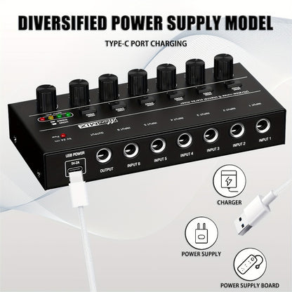 Compact 4/6/8-Channel Stereo Audio Mixer with USB-C Power and Level Controls
