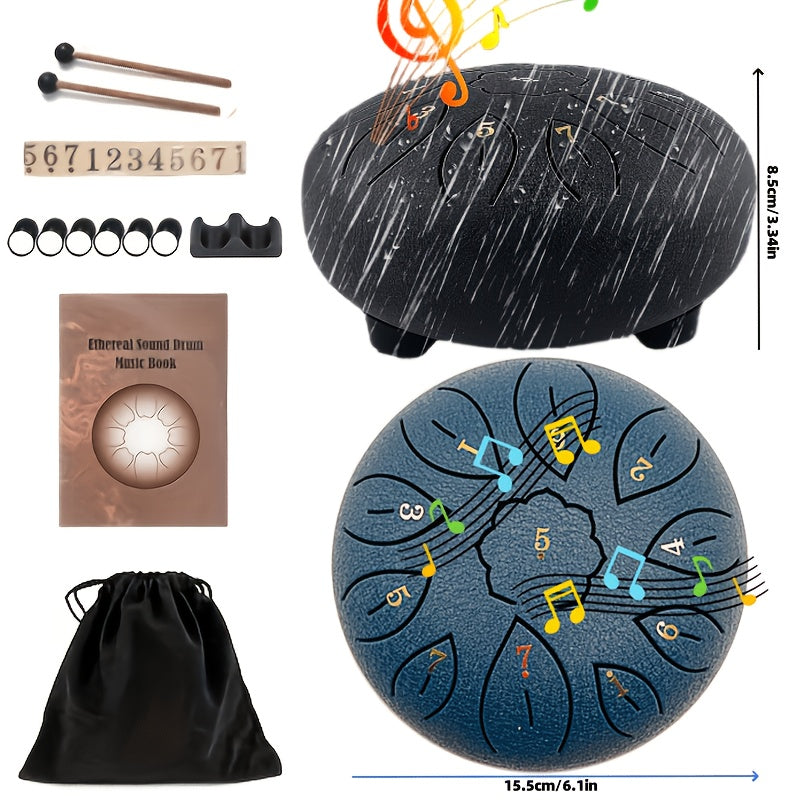 Steel Tongue Drum with 11 Notes And A Diameter Of 6. Portable Rain Drum with Drumstick, Handbag, Music Book, Yoga Meditation Tongue Drum, Prenatal Music Education