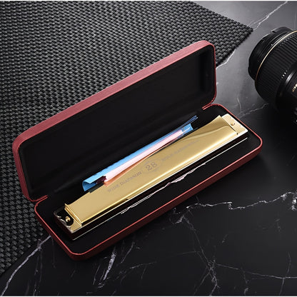 FG Professional 28 Hole Blues Harmonica | Dual Row Metal Brass Reed, Polished Blue/Black Surface with Case | Durable Construction, Stylish Design for Musicians