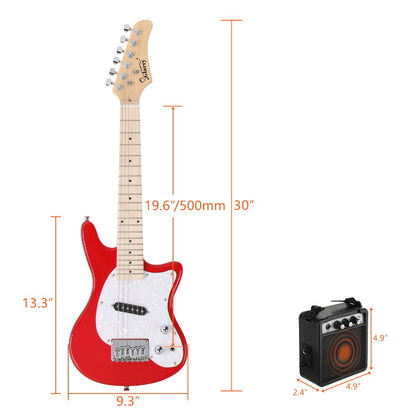 30in Maple Fingerboard Mini Electric Guitar Kit with 5W Amplifier Bag String Shoulder Strap Plectrum Cord Wrench Tool Red