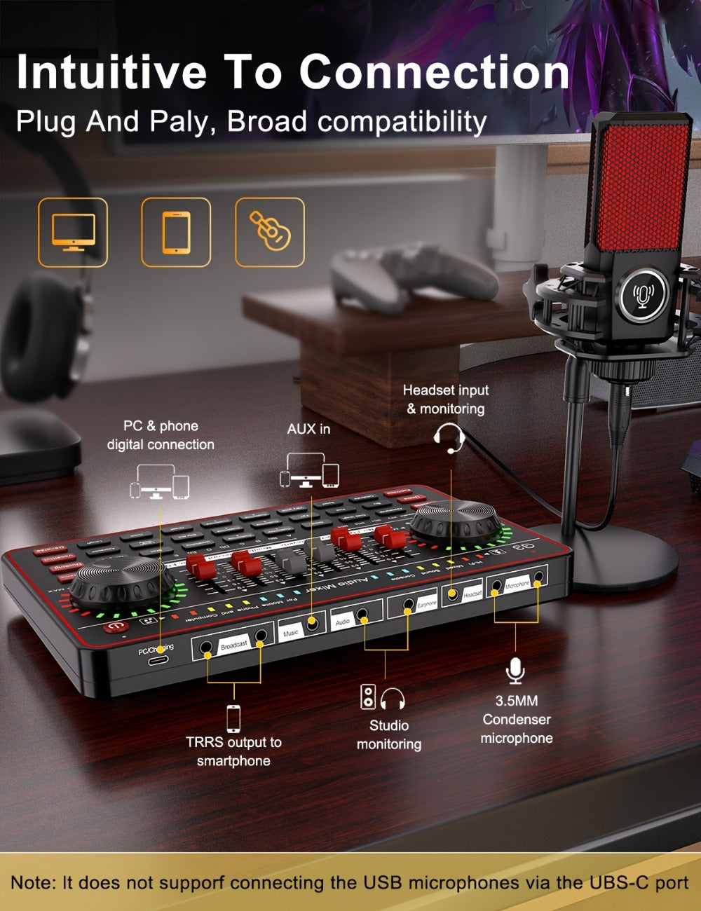 USB Audio Interface, Cardioid, USB, Rechargeable, Professional, Mixer for Recording
