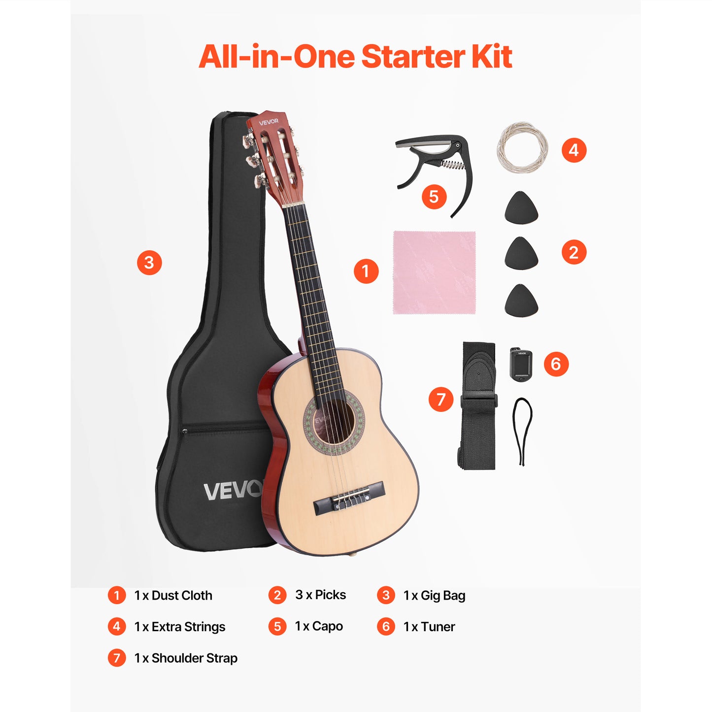 VEVOR Classical Guitar 30 in Guitar Beginner Starter Kit Nylon Strings Sunburst Sunrise Color/Black/Natural Color/Pink