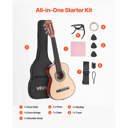 VEVOR Classical Guitar 30 in Guitar Beginner Starter Kit Nylon Strings Sunburst Sunrise Color/Black/Natural Color/Pink