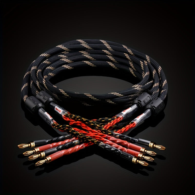 YYAUDlO Premium HlFi Speaker Cables - 1 Pair, High-End OCC Composite Cables for Hi-Fi Systems & Banana Plug Speakers, Black with Red/White Stripes, Male to Male Connector, Imported U. S. Hifi Speaker Cable, Sound System Wiring, Home Audio Setup, Sleek Des