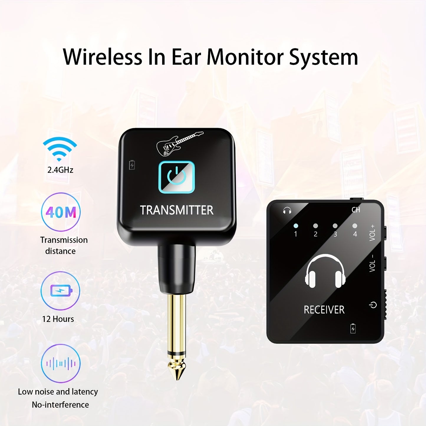 Wireless IEM System, Featuring a Wireless In-Ear Monitoring System with a Transmitter And Clip-On Receiver, Capable of Automatically Pairing with In-Ear Studio Monitors, Guitars, Djs, And Live Performance Monitoring