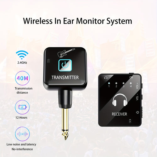 Wireless IEM System, Featuring a Wireless In-Ear Monitoring System with a Transmitter And Clip-On Receiver, Capable of Automatically Pairing with In-Ear Studio Monitors, Guitars, Djs, And Live Performance Monitoring