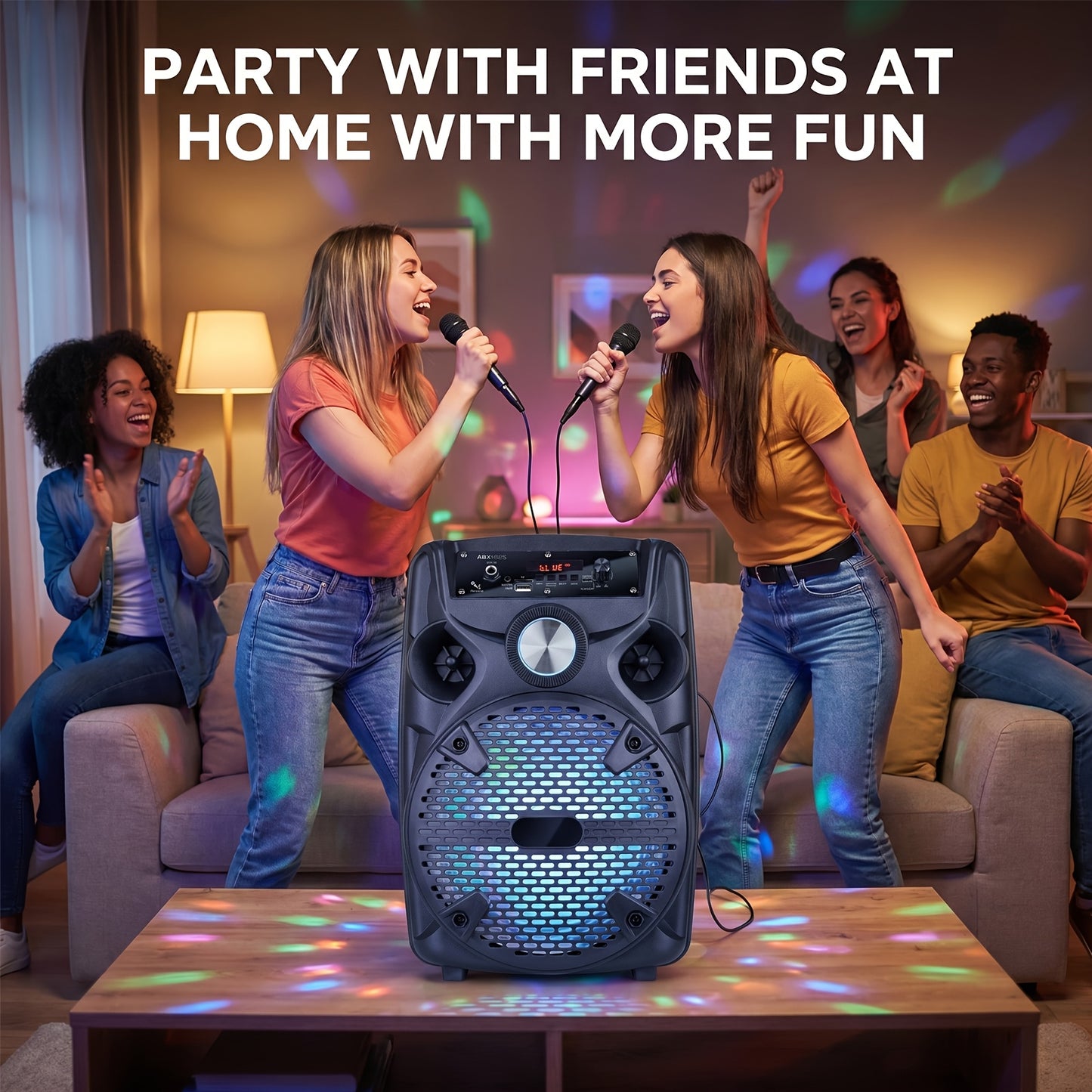 1100W Portable Bluetooth PA Speaker - 8" Subwoofer, Compatible Active, Outdoor Party Speaker. 7 Color LED Light, 1800mAh Rechargeable Battery. W/ USB SD MP3 AUX - 35mm Mount, 1 Speaker Stand & 1 Wired Micphone. for Thanksgiving, Halloween & Christmas