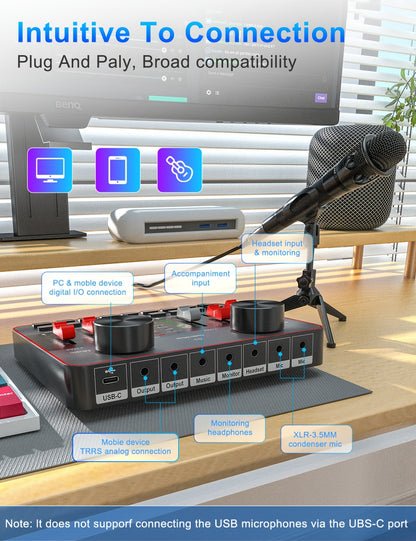 Podcast Equipment Bundle, All-in-One Audio Interface DJ Mixer with 2 Condenser Microphones, Recording Studio Kit Live Sound Card for Singing Broadcast, Live Streaming, Gaming