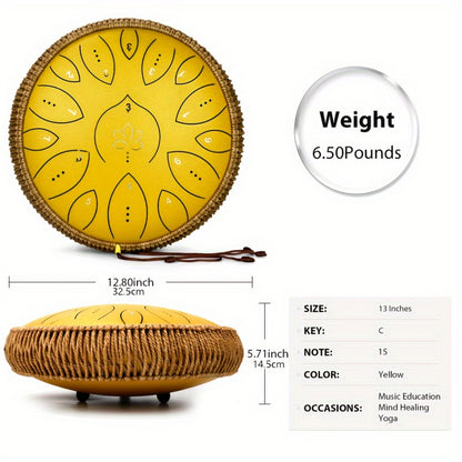 Steel Tongue Drum, 13-Inch 15-Note C Major Set with Mallets and Songbook