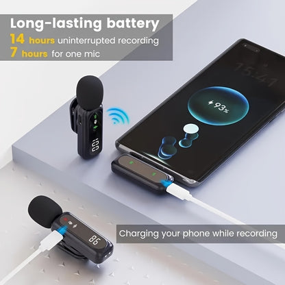 2.4G Wireless Lavalier Microphone with Feather Windscreen & Digital Display - Plug-and-Play Professional Noise-Canceling USB-C Portable Mic Suitable for Streaming, Vlogging, Podcasts, Interviews - Compatible for Phone/PC/Tablet
