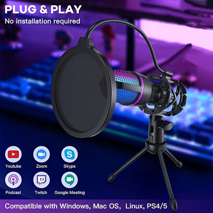 Condenser Microphone - XLR Podcast Equipment Suitable for Studio Recording, Broadcasting, Karaoke, Gaming, USB Interface Microphone for Beginners' Online Chats, Computer Microphone with Tripod