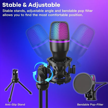 Condenser Microphone - XLR Podcast Equipment Suitable for Studio Recording, Broadcasting, Karaoke, Gaming, USB Interface Microphone for Beginners' Online Chats, Computer Microphone with Tripod