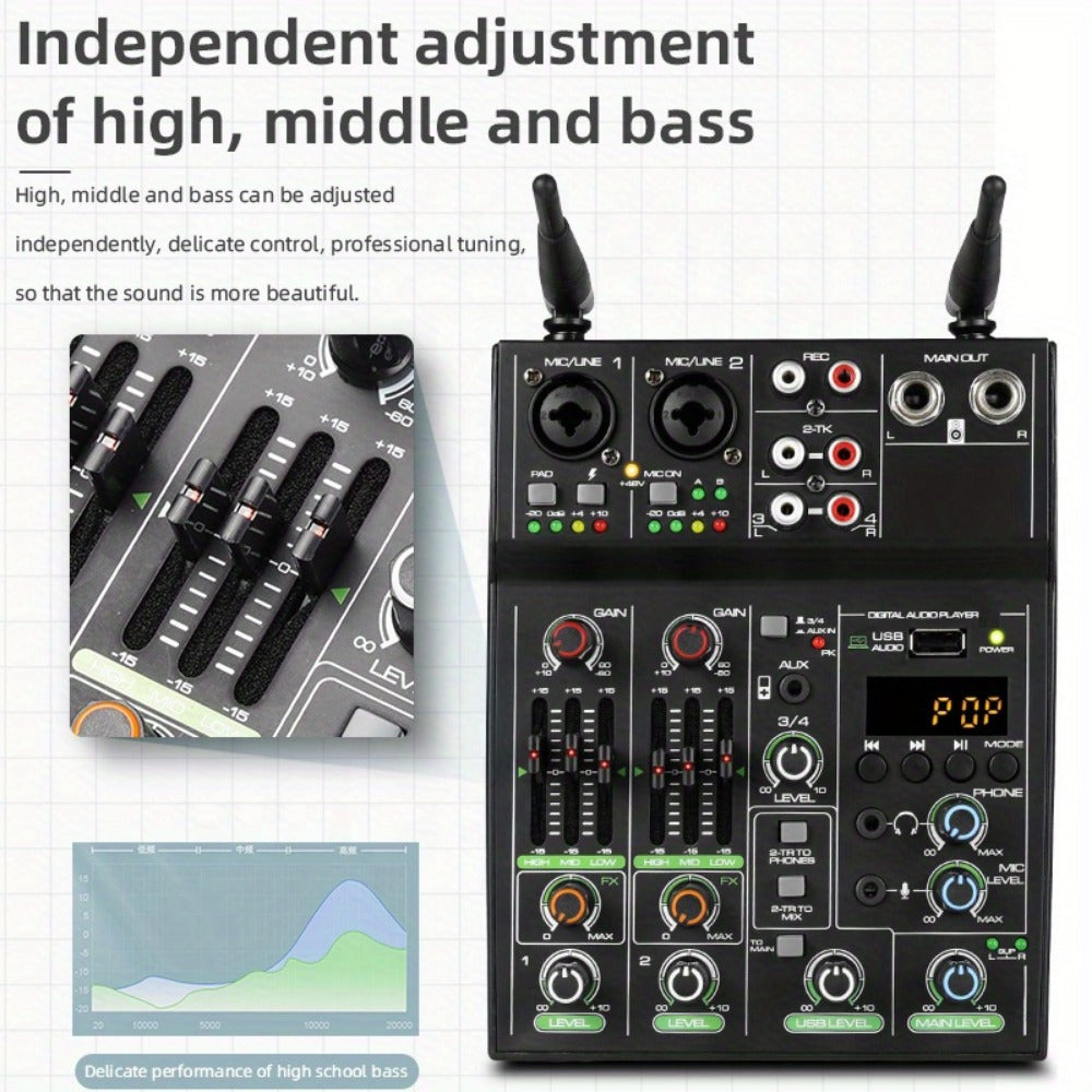 Audio Mixer, Wireless, USB, High-Quality, 4-Channel, UHF for Live Sound