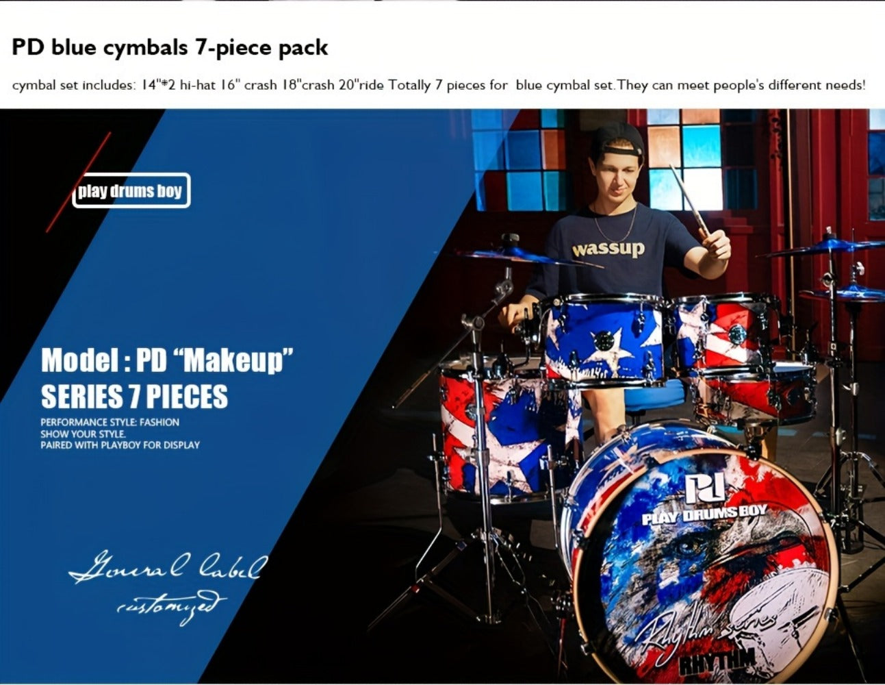 7-Piece Alloy Cymbal Set in Blue, Red or Black for Drum Practice