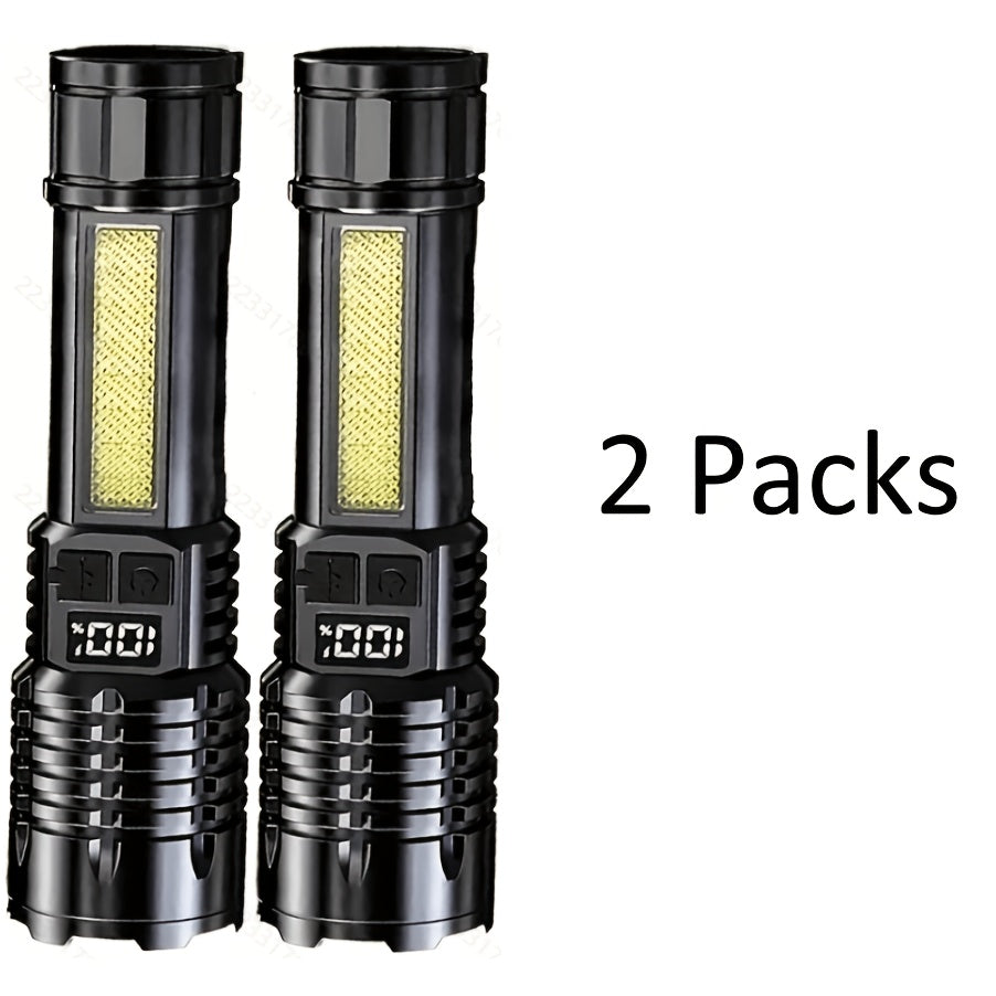 2/1 Pack Rechargeable Flashlights High Lumens, Super Bright Flash Light, 5 Modes Zoomable Linternas With LCD Digital Display, Powerful Handheld LED Flashlights For Emergencies Camping, Fishing, Hiking, Made Of ABS Material, Bright Outdoor Lamp