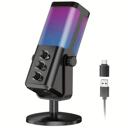 RGB Gaming Microphone with Game Voice Balance, AI Noise Cancellation, Studio USB Computer Condenser Mic for Streaming/Recording/Discord, Podcast PC Mics with Mute & Monitoring for Pc/Ps5/Mac