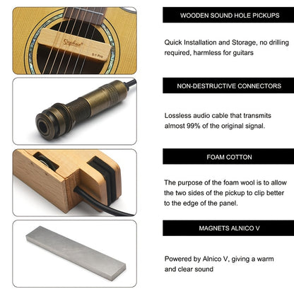 Saphue S1-Pro Professional Acoustic Guitar Pickup with Volume/Tone Control - Beech Wood Soundhole Magnet, Alnico V Magnet, 6.35mm Jack Output, Passive Sound System for Piezoelectric-like Performance, Compatible with Acoustic Guitars (No /Electronics