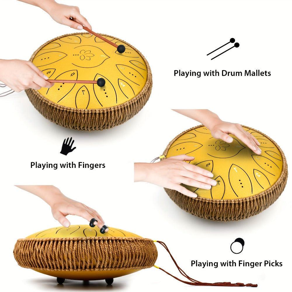 Steel Tongue Drum, 13-Inch 15-Note C Major Set with Mallets and Songbook