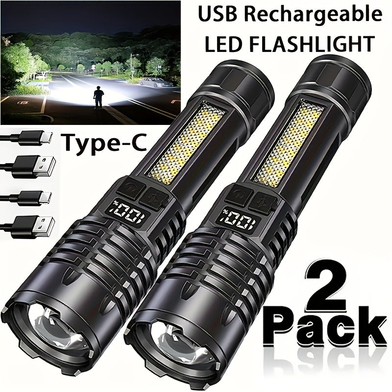 2/1 Pack Rechargeable Flashlights High Lumens, Super Bright Flash Light, 5 Modes Zoomable Linternas With LCD Digital Display, Powerful Handheld LED Flashlights For Emergencies Camping, Fishing, Hiking, Made Of ABS Material, Bright Outdoor Lamp