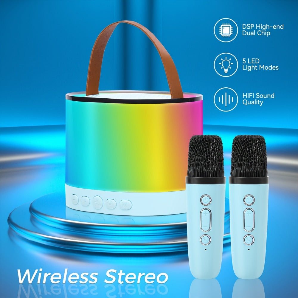 Portable Karaoke Speaker with 2 Wireless Mics, LED Lights and TWS