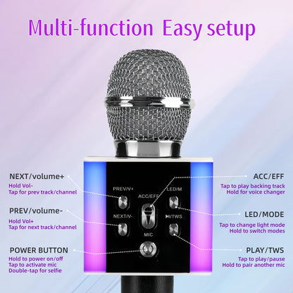 Wireless Karaoke Microphone Speaker with LED Lights And Fun Voice Changer - Portable Singing Mic for Outdoor Parties And Family Gatherings, Stereo Home Karaoke for Travel, Car, And Camping - Fun Summer Party Accessory, Birthday Gift