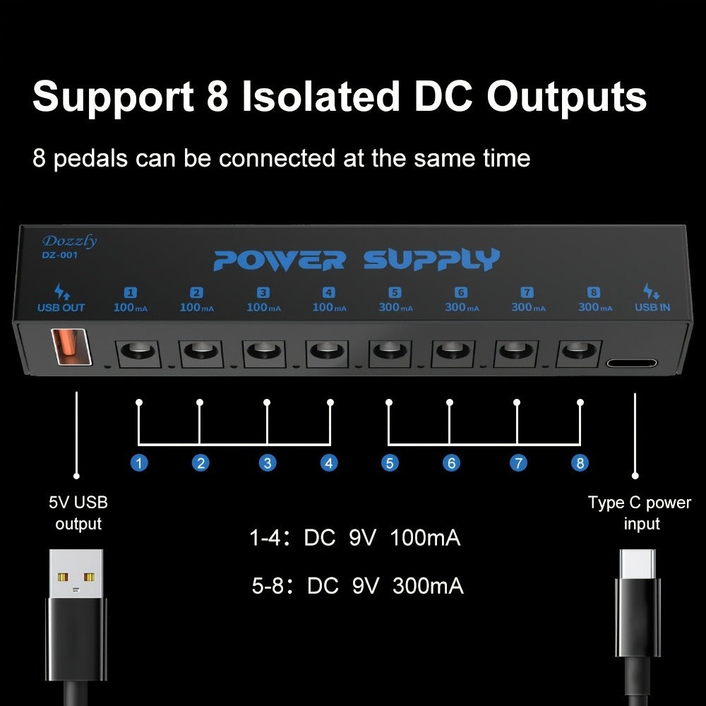 Guitar Pedal Power Supply, USB-C, 9V, 8-Way, Type for Powering Guitar Effects Pedals