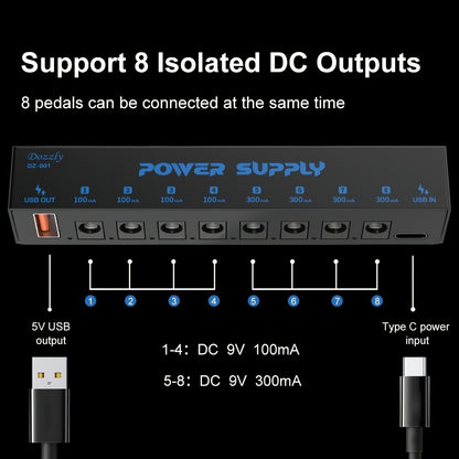 Guitar Pedal Power Supply, USB-C, 9V, 8-Way, Type for Powering Guitar Effects Pedals