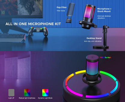 Recording Microphone, USB, RGB, USB-C, Computers, Ideal for Recording and Streaming