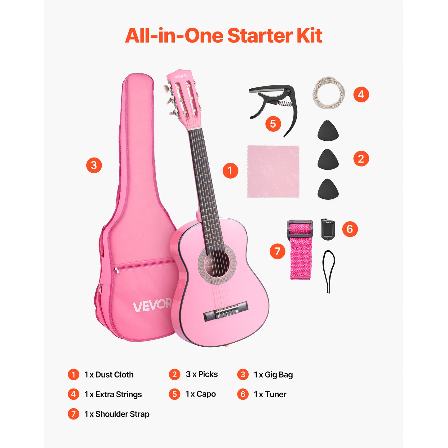 VEVOR Classical Guitar 30 in Guitar Beginner Starter Kit Nylon Strings Sunburst Sunrise Color/Black/Natural Color/Pink