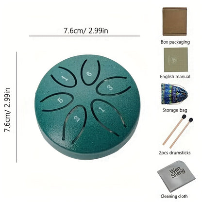 3-inch 6-tone Mini Portable Steel Tongue Drum - Beginner Handheld Percussion Instrument - Carbon Steel Hollow Drum, Includes Drumsticks, Cleaning Cloth, Sheet Music, and Easy Learning Guide, Essential for Carnivals and Weddings, Christmas