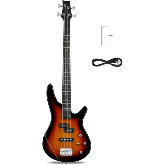 Complete Beginner Set for a Full-Size Right-Handed Electric Bass Guitar with a Rosewood Fingerboard, Including a Cable And Wrench Tool