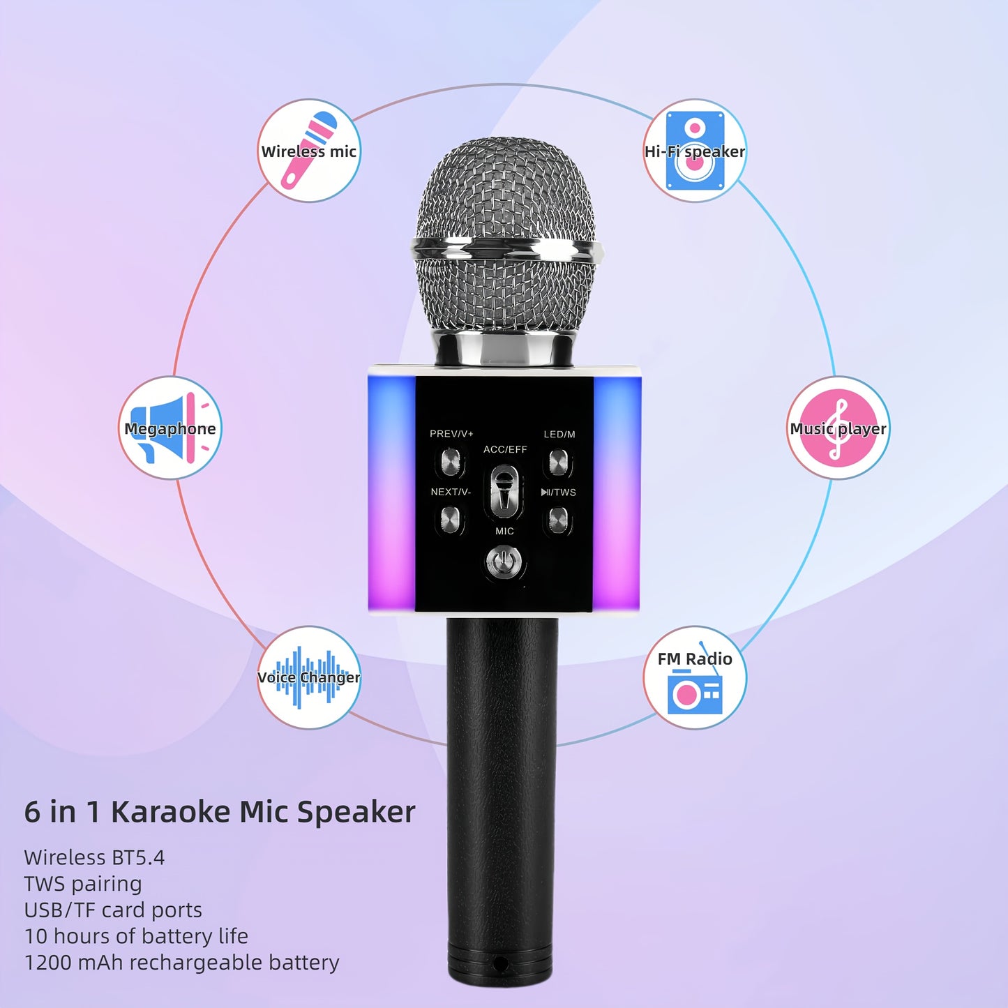 Wireless Karaoke Microphone Speaker with LED Lights And Fun Voice Changer - Portable Singing Mic for Outdoor Parties And Family Gatherings, Stereo Home Karaoke for Travel, Car, And Camping - Fun Summer Party Accessory, Birthday Gift