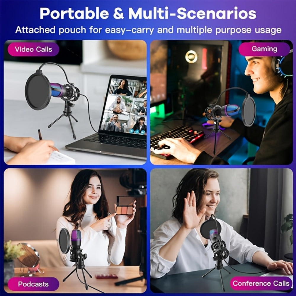 USB RGB Condenser Microphone Kit with Tripod, Pop Filter and Monitor