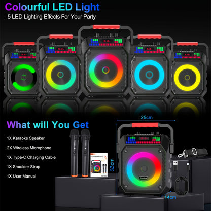 Portable Karaoke System Featuring a Wireless Speaker And Two Microphones, Suitable for Both Adults And Children. It Includes Lights And an Autotune DSP Chip, And Supports TWS, TF Card, USB, AUX, And Live Functions, Making It Perfect for Home Parties