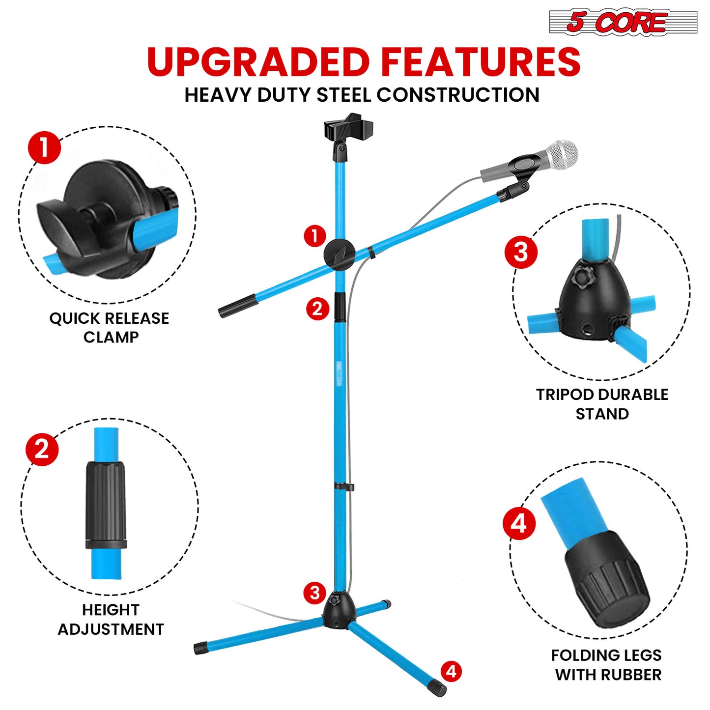 5 Core Microphone Stand Floor 2 Mic Clips Universal Height Adjustable 63" Dual Tripod Mic Stands w Telescoping Boom Arm Foldable Portable