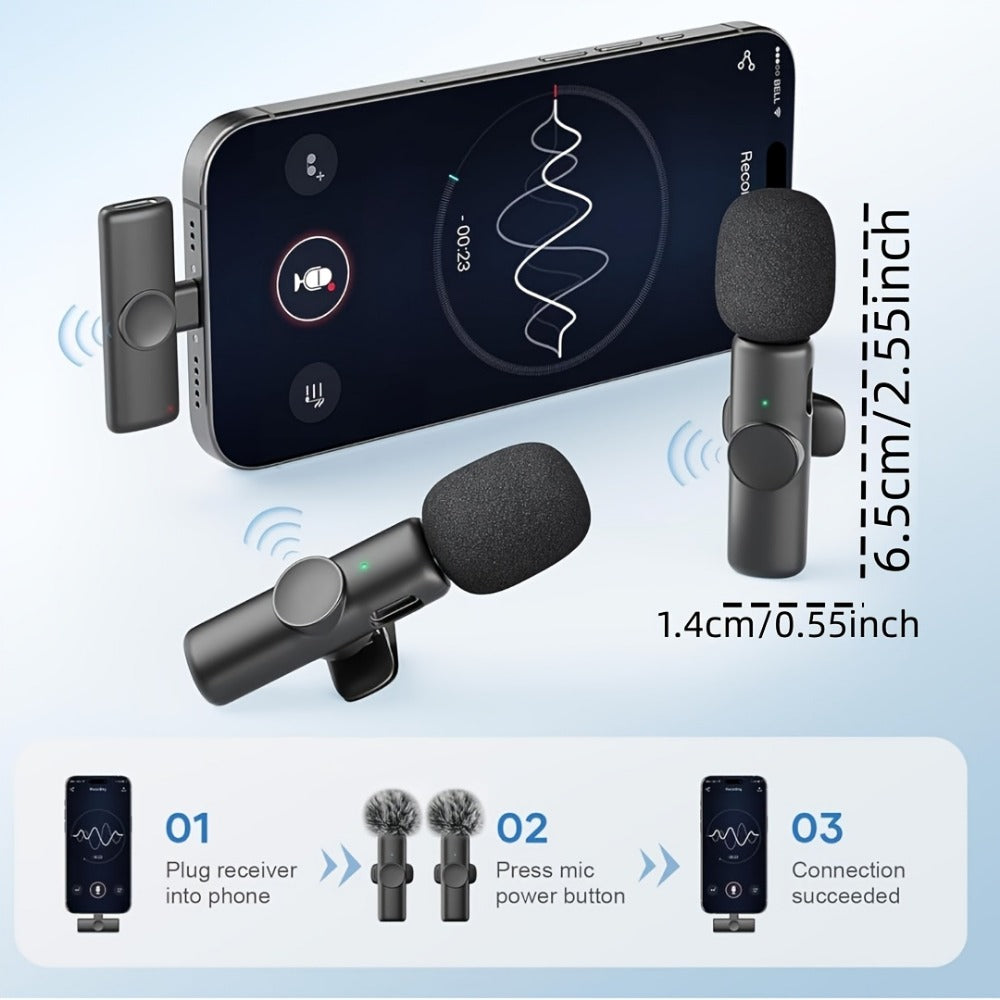 Recording Microphone, Portable, Wireless, USB-C, 2pcs, Lapel for Recording and Streaming