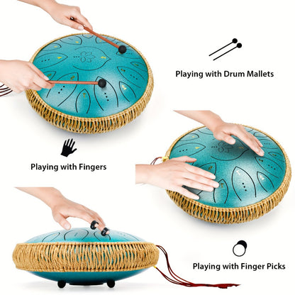 Steel Tongue Drum, 13-Inch 15-Note C Major Set with Mallets and Songbook