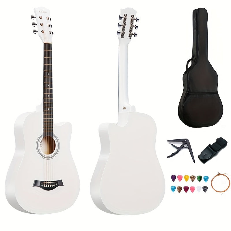 Complete Beginner Acoustic Guitar Set - 38" White Basswood, Includes Guitar Strap, Strings, Gig Bag, Capo And Pick - Perfect Christmas Gift for Beginner Folk Guitar Musicians