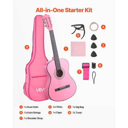 VEVOR Classical Guitar 38 in Guitar Beginner Starter Kit Nylon Strings Black/Natural Color/Blue/Pink/Sunrise Color