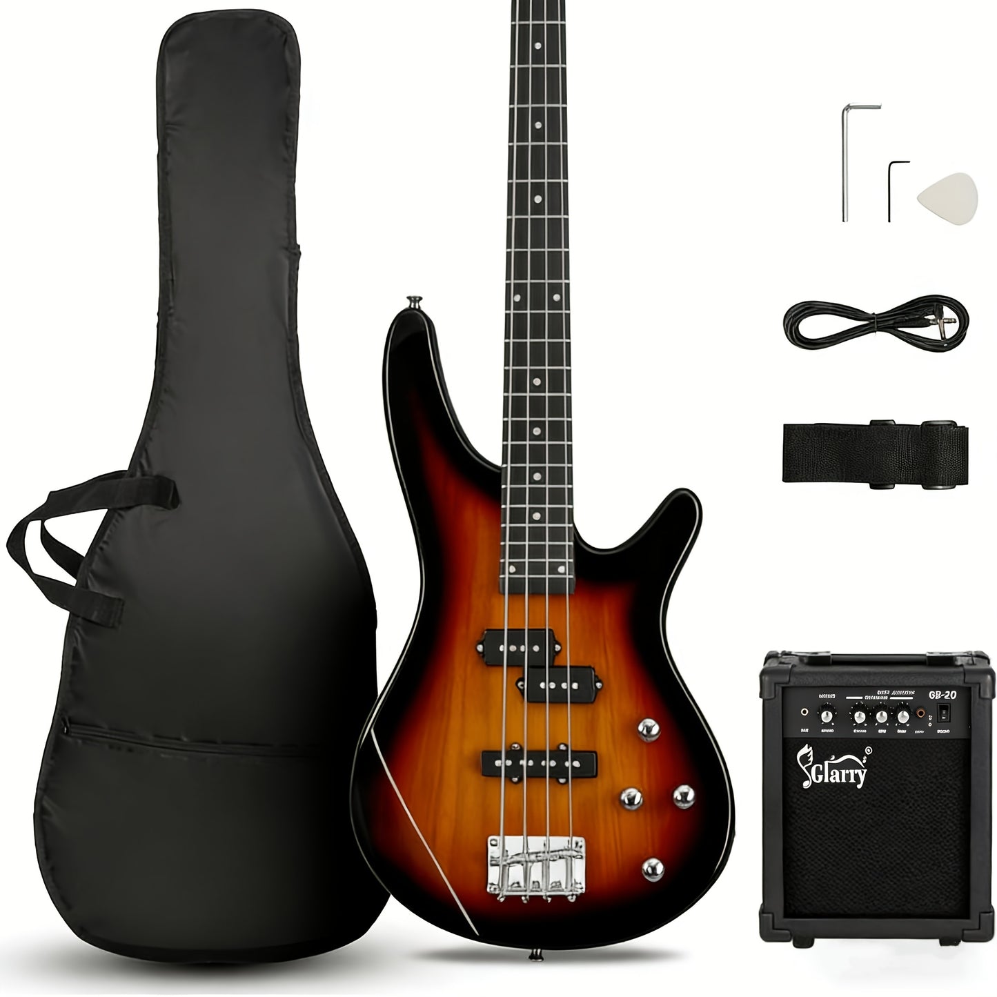 Electric Bass Guitar 4 String Bass Guitar with 20 Watt Amplifier, PJ Type Pickup, Naturally Air-dried Maple Neck, Rosewood Fretboard, Basswood Body