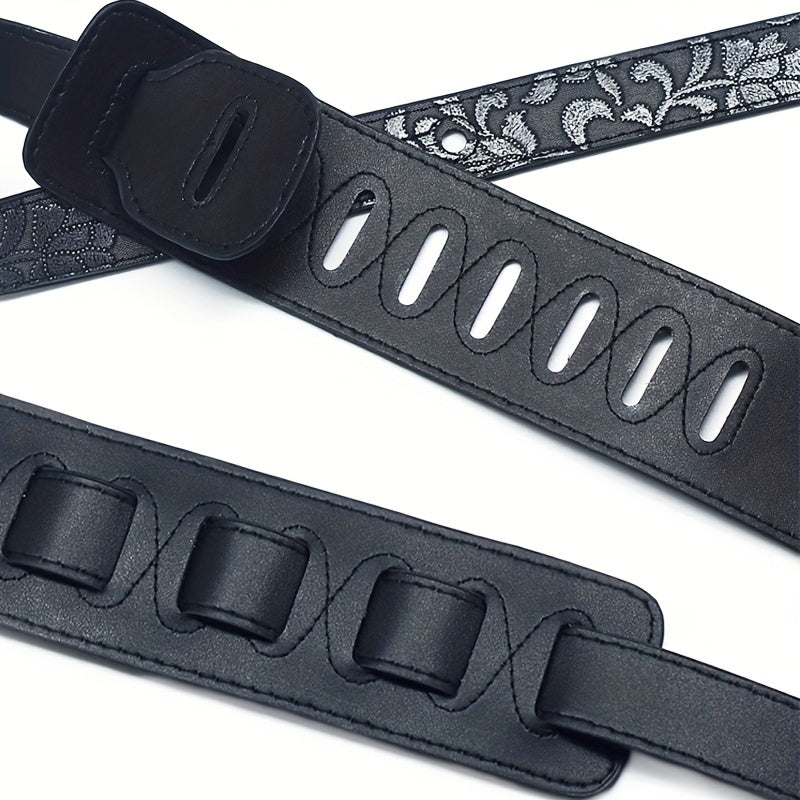 Genuine PU Leather Guitar Strap Compatible for Classical, Bass, Acoustic/ Guitars - Adjustable Soft Strap with Embroidered Belt Loop (Grey////) - Music Accessory for Guitarists