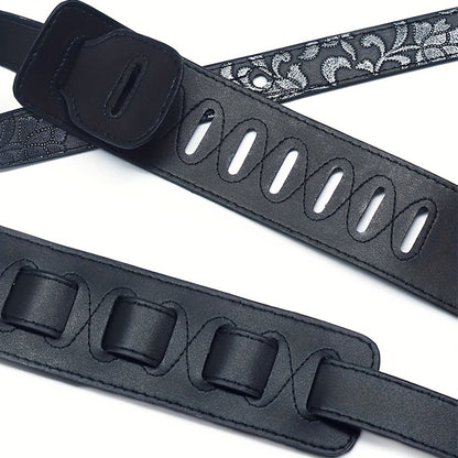 Genuine PU Leather Guitar Strap Compatible for Classical, Bass, Acoustic/ Guitars - Adjustable Soft Strap with Embroidered Belt Loop (Grey////) - Music Accessory for Guitarists