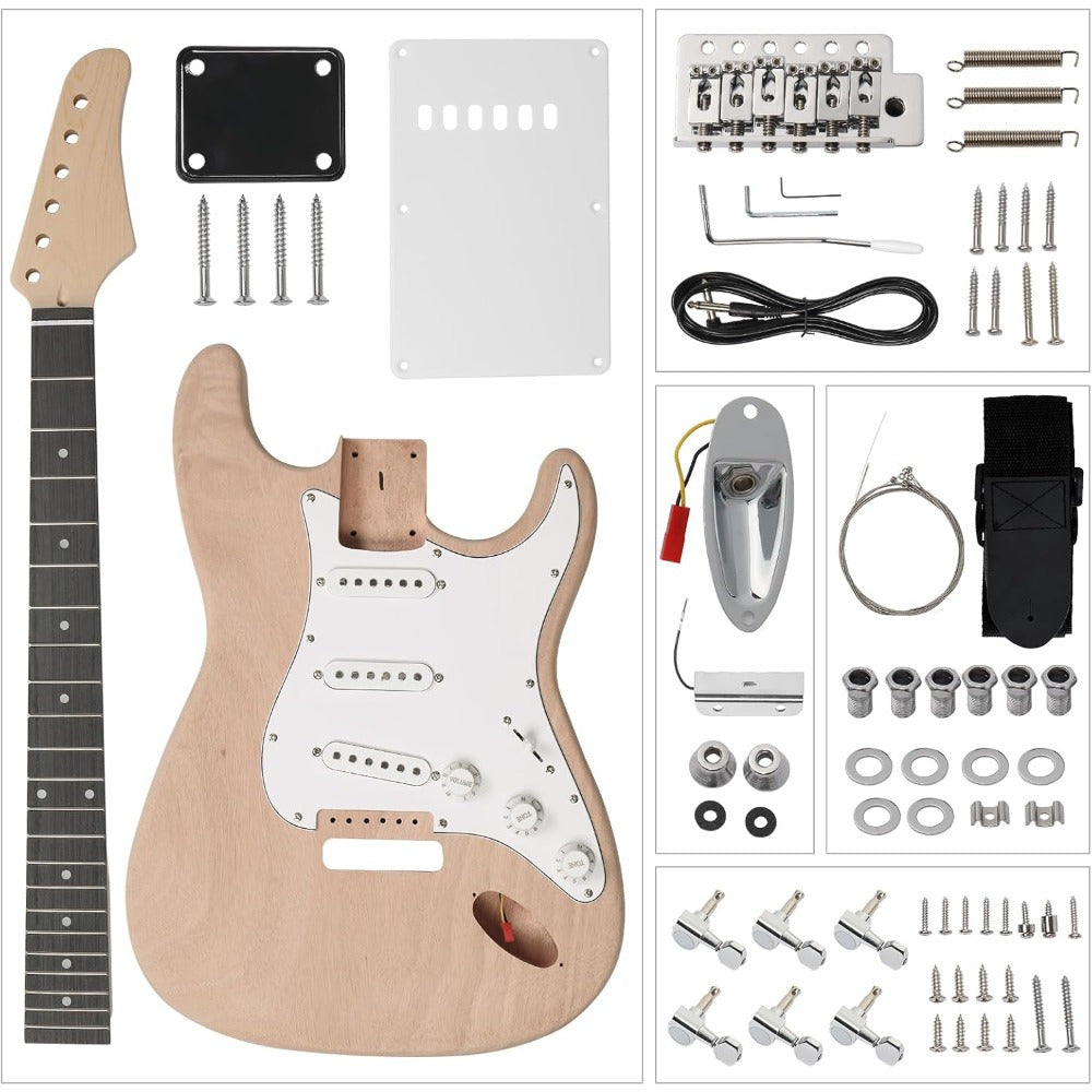 Guitar Kit with Mahogany Body, Ebony Fingerboard And Maple Neck, 6 String Electric Guitar Kit with Classic Design, Easy Installation & Full Equipment to Build Your Own Guitar