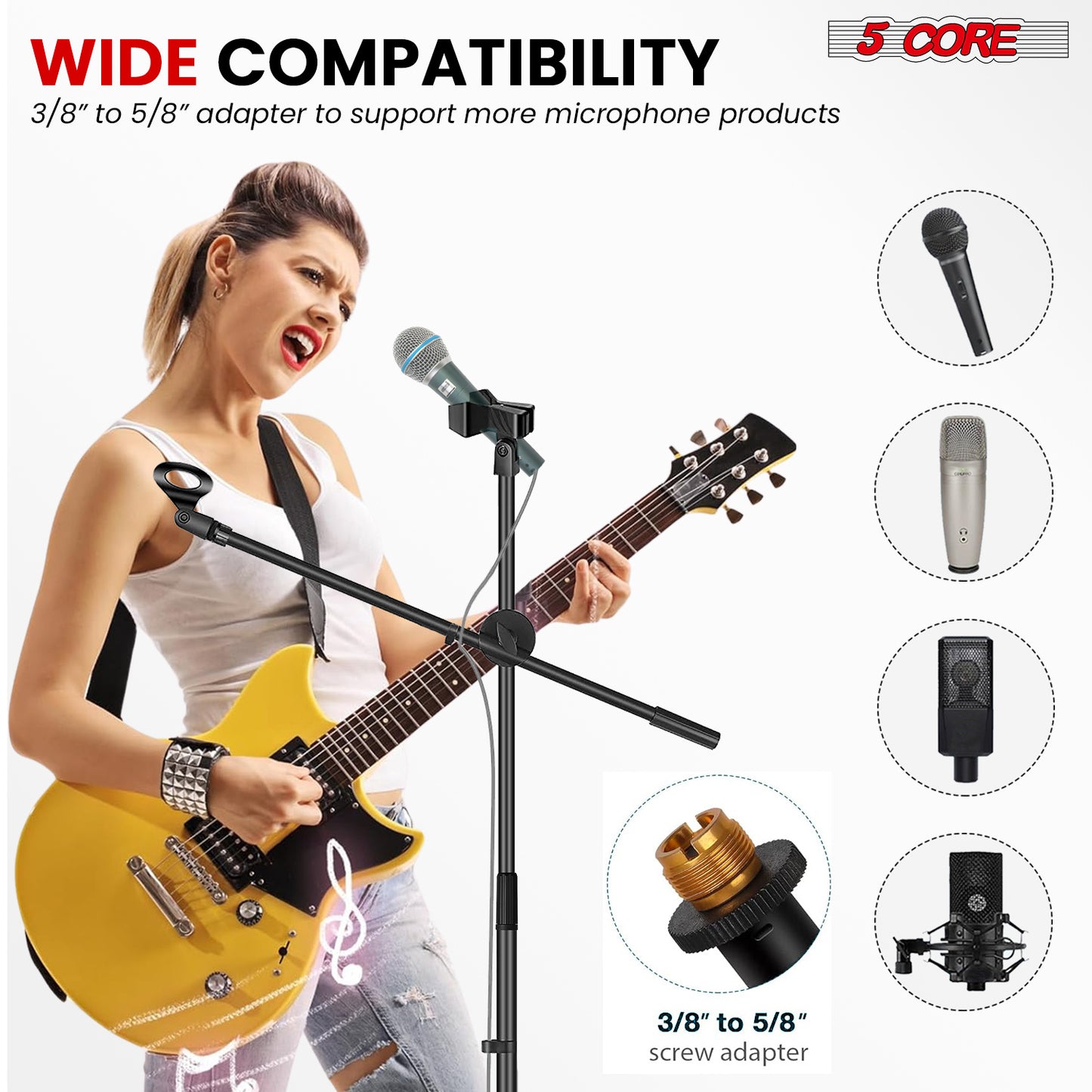 5 Core Microphone Stand Floor 2 Mic Clips Universal Height Adjustable 63" Dual Tripod Mic Stands w Telescoping Boom Arm Foldable Portable