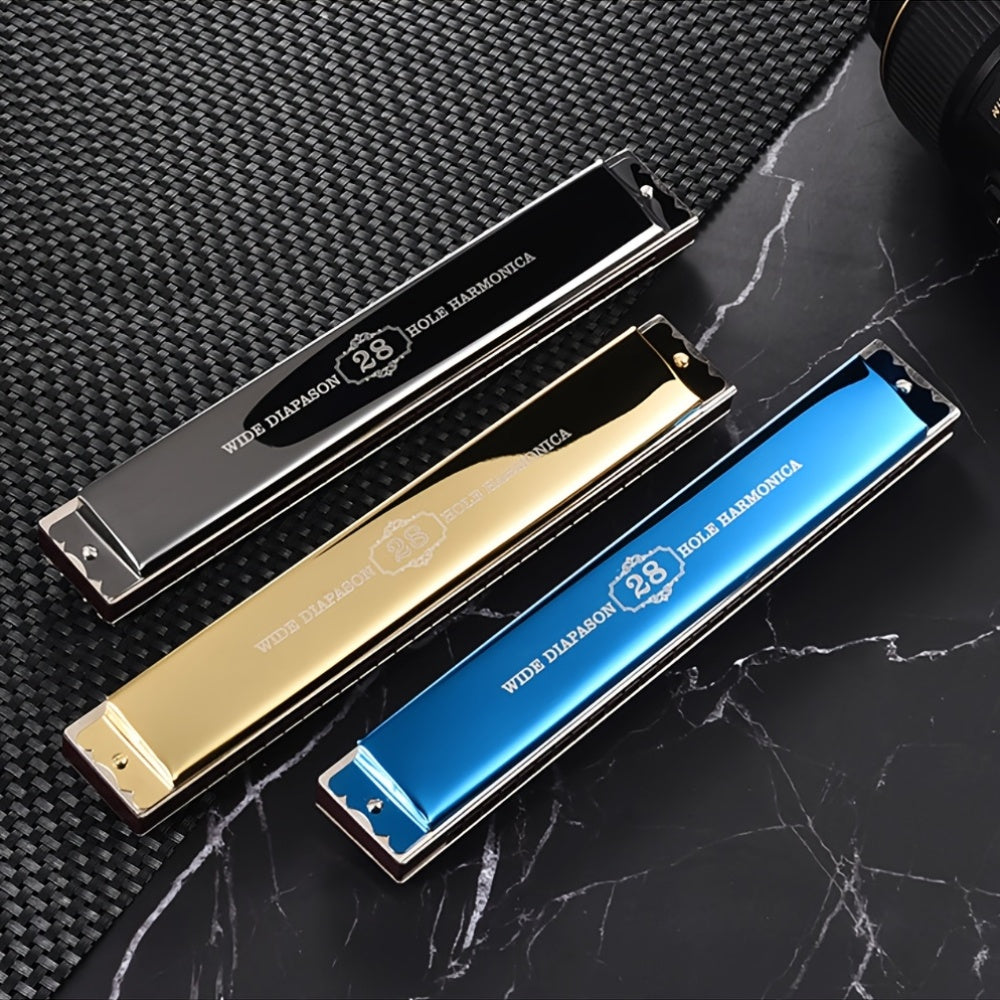FG Professional 28 Hole Blues Harmonica | Dual Row Metal Brass Reed, Polished Blue/Black Surface with Case | Durable Construction, Stylish Design for Musicians