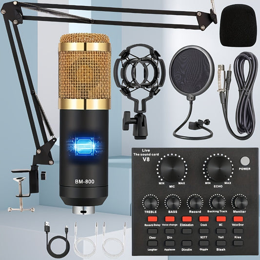 Podcast Equipment Set, Wired Microphone, BM800 Podcast Condenser Microphone And V8 Sound Card, Voice Changer-Audio Interface - Suitable for Recording, Singing, Streaming Media And Games