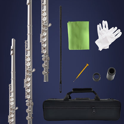 HOGSN Flute 16-hole Closed-hole C-tone Nickel-plated Flute Instrument, Beginner To Play Graded Flute, With Box And Cleaning Kit.